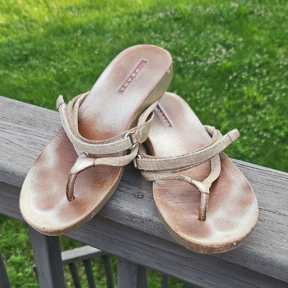 Vintage Prada Gold Thong Sandals Size 39.5 | Logo Sole